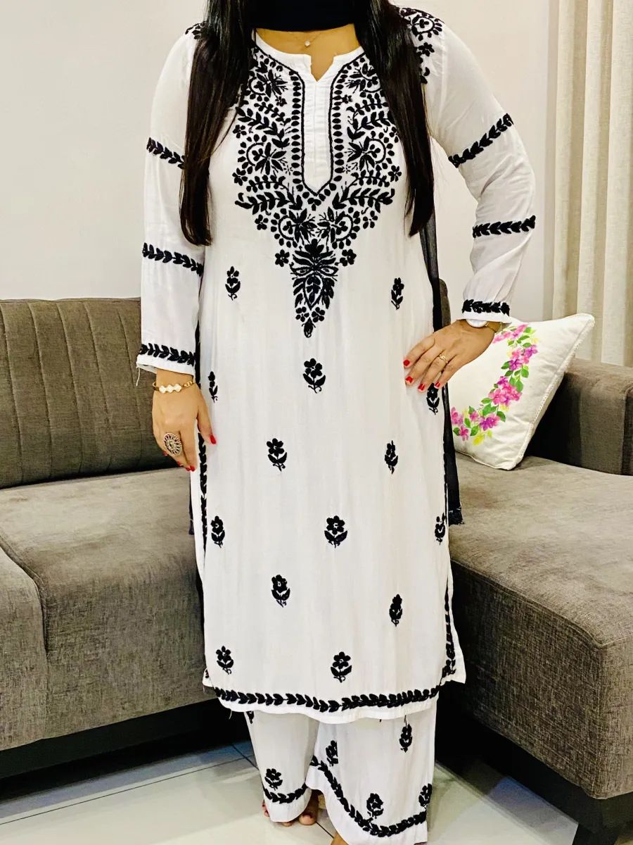 Rayon Chikankari Hand Embroidered Women's Solid Long Kurta Palazzo set