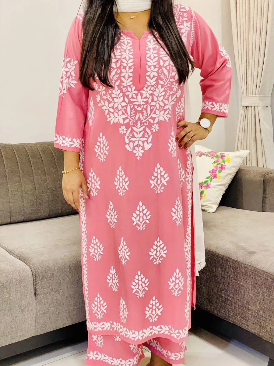 Rayon Chikankari Hand Embroidered Solid Women's Long Kurta Palazzo Set