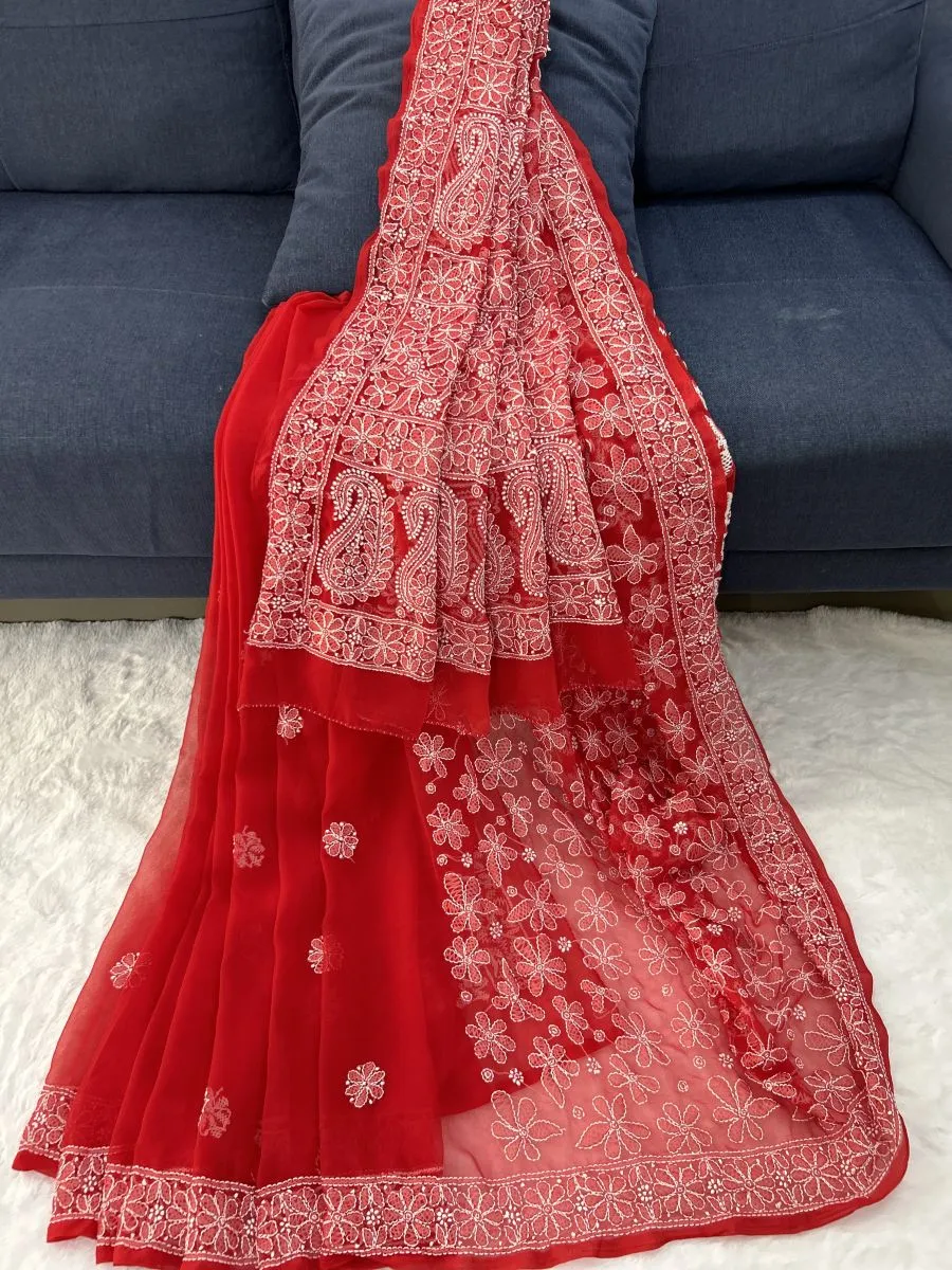 Half Jaal Chikankari Hand Embroidered Women's Saree
