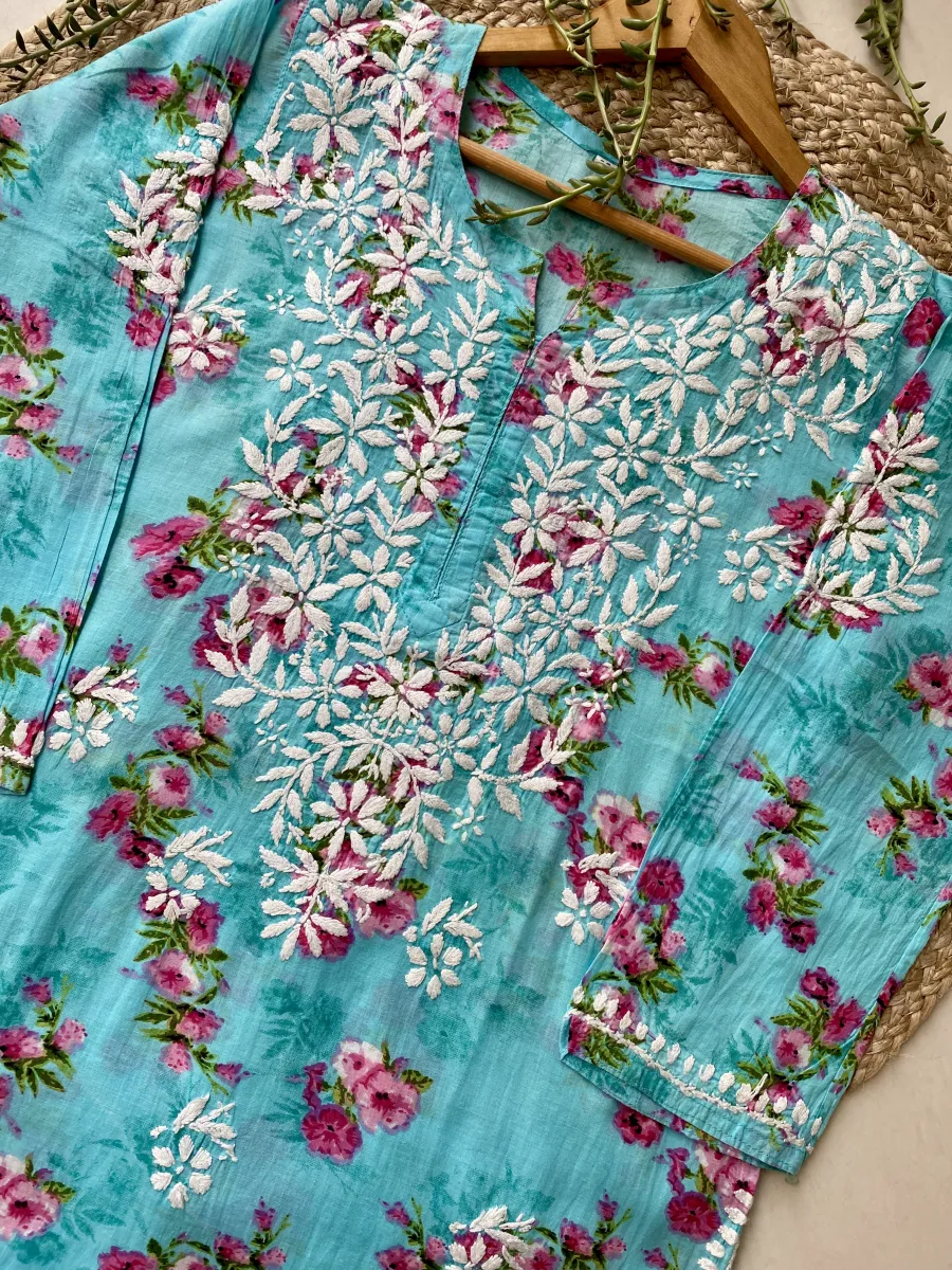 Mulmul Chikankari Hand Embroidered Floral Women's Long Kurta
