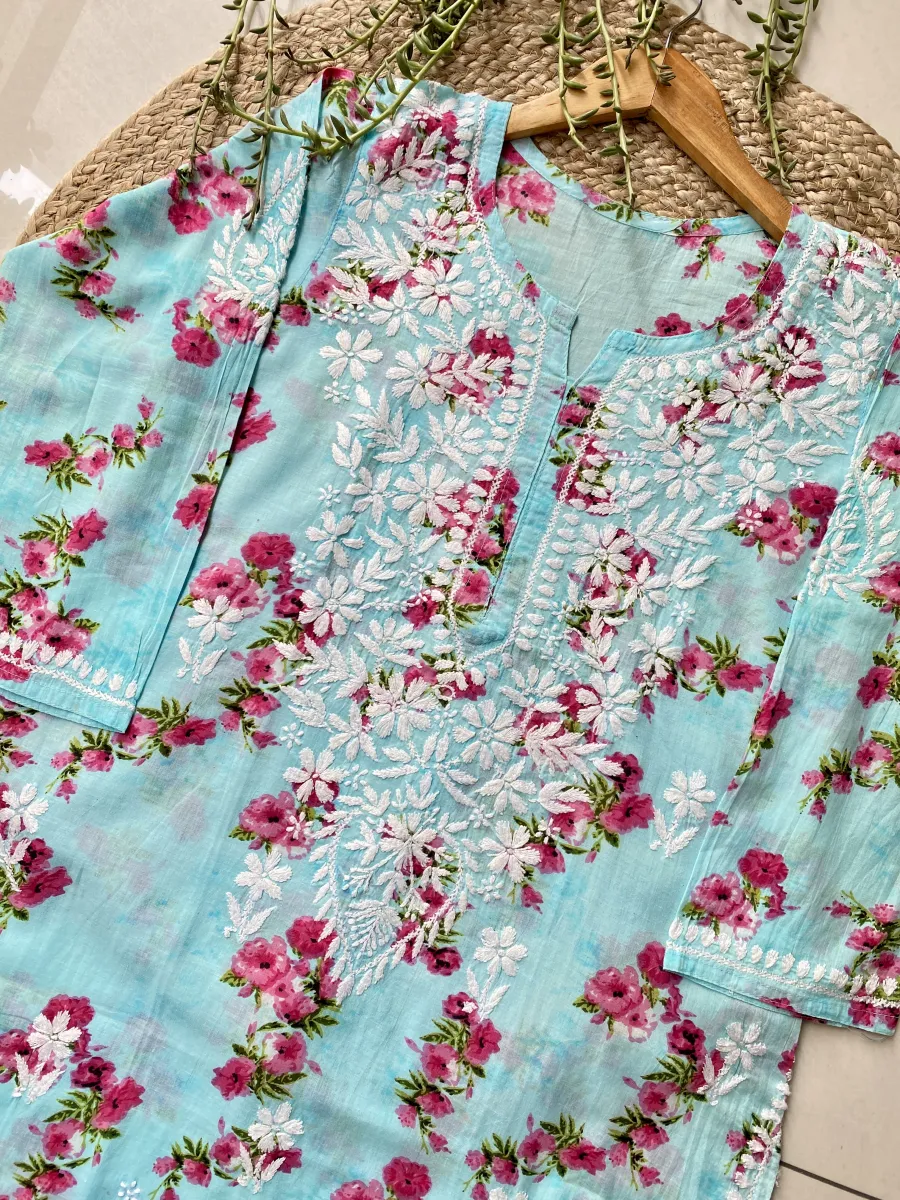 Mulmul Chikankari Hand Embroidered Floral Women's Long Kurta