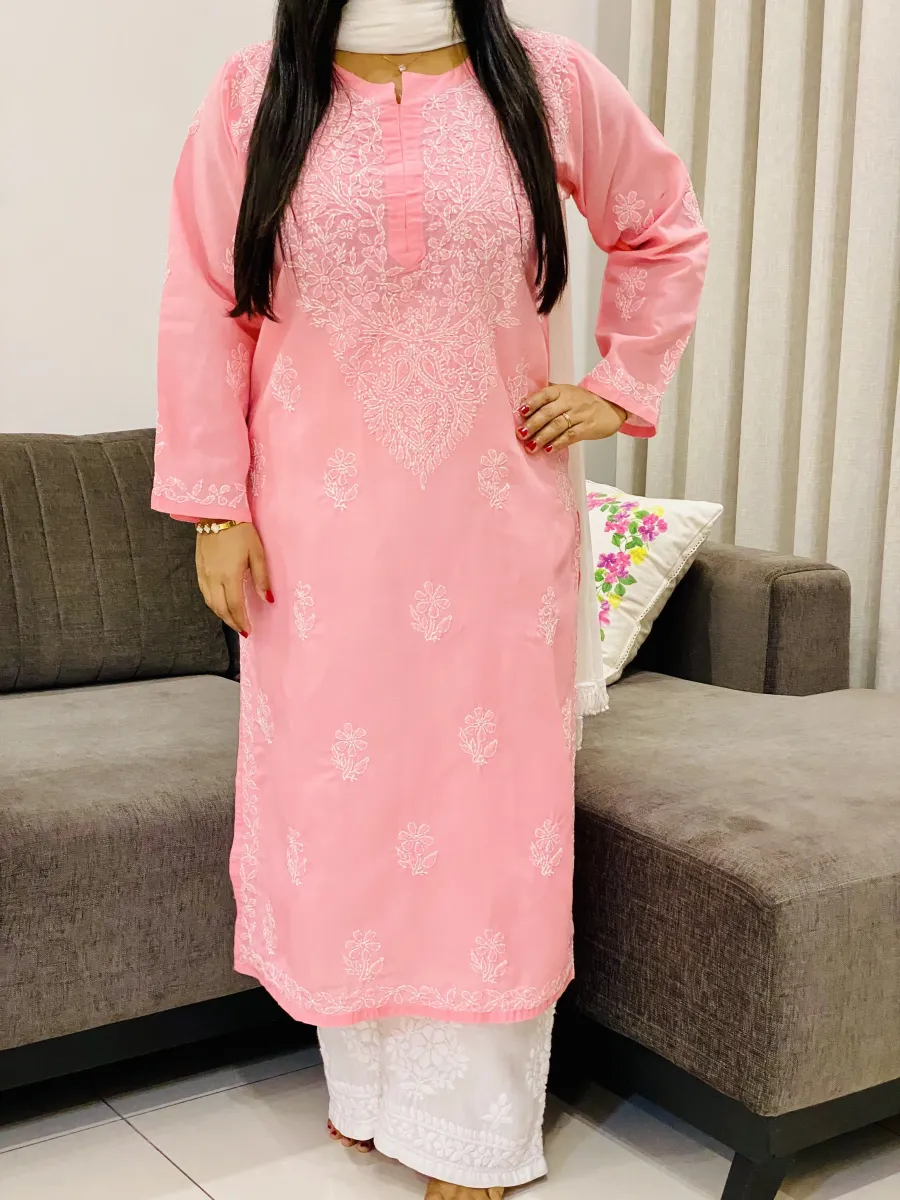 Voil Cotton Chikankari Hand Embroidered Women's Solid Long Kurta
