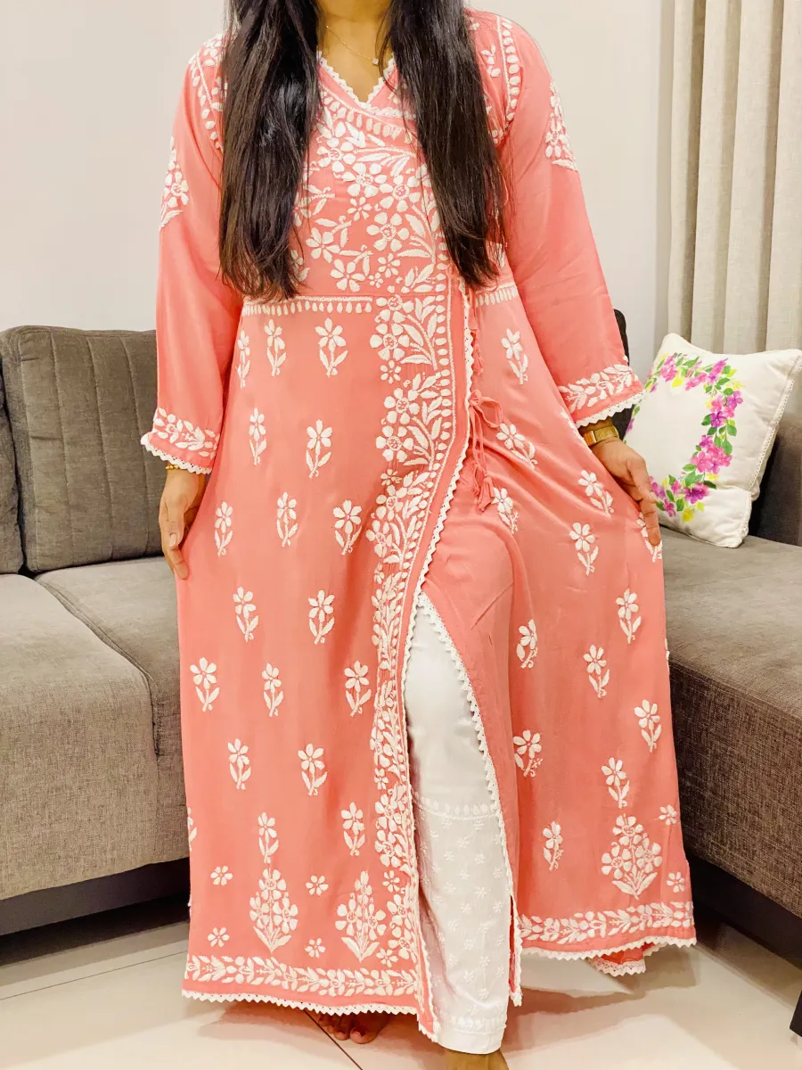 Rayon Chikankari Handwork Solid Women's Angrakha Kurta