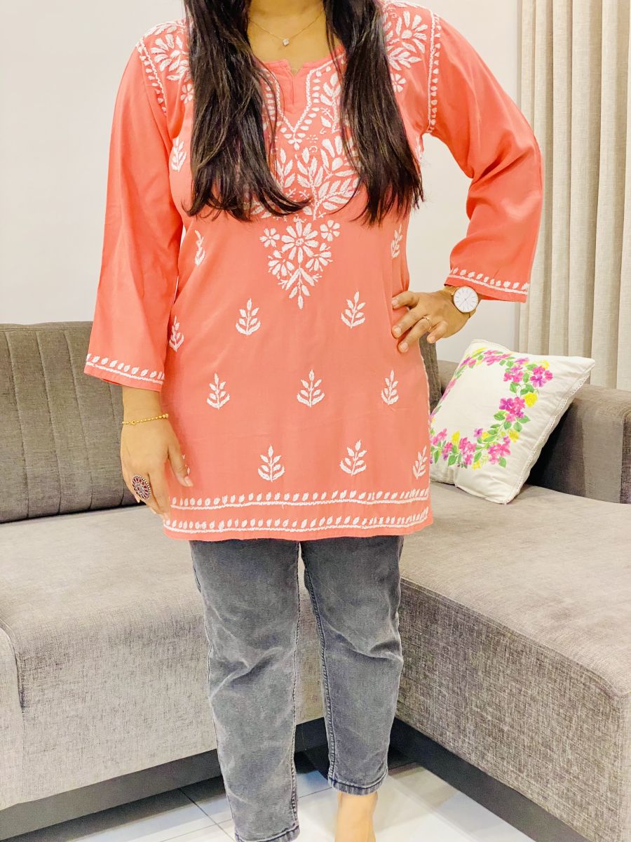 Rayon Chikankari Handwork Women's Solid Short Kurta