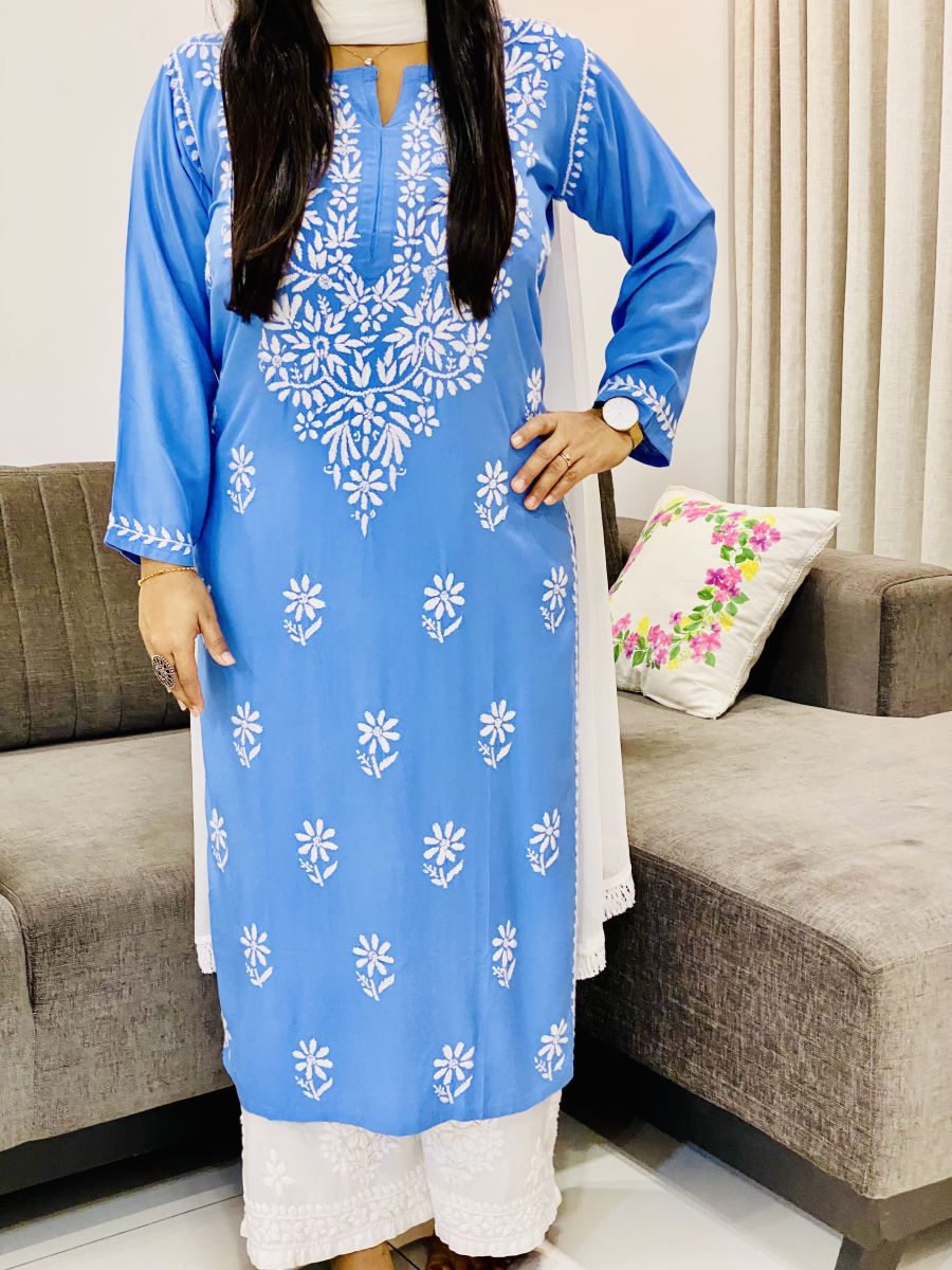 Rayon Chikankari Handwork Women's Solid Long Straight Kurta