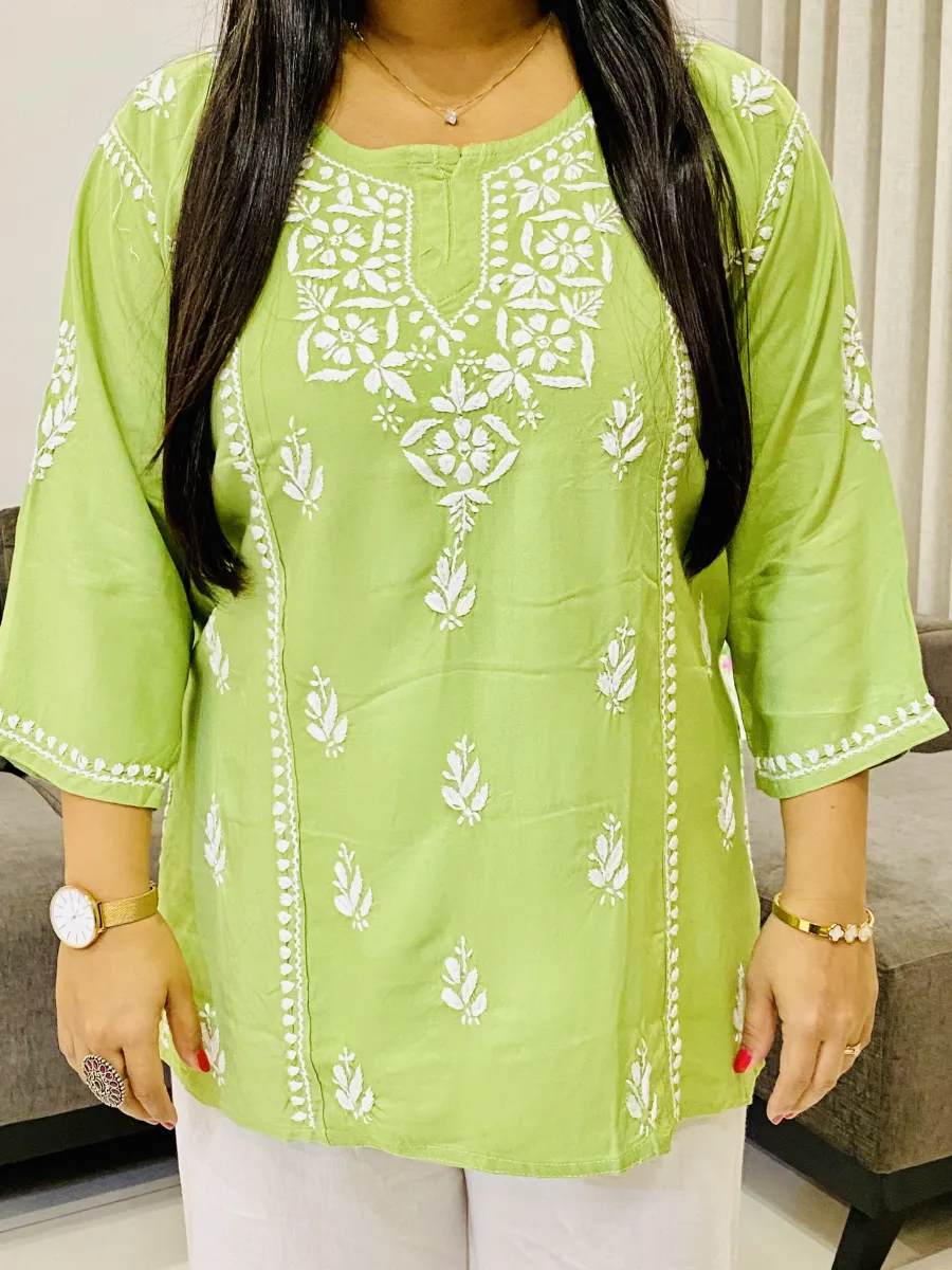 Rayon Chikankari Hand Embroidered Solid Women's Short Top