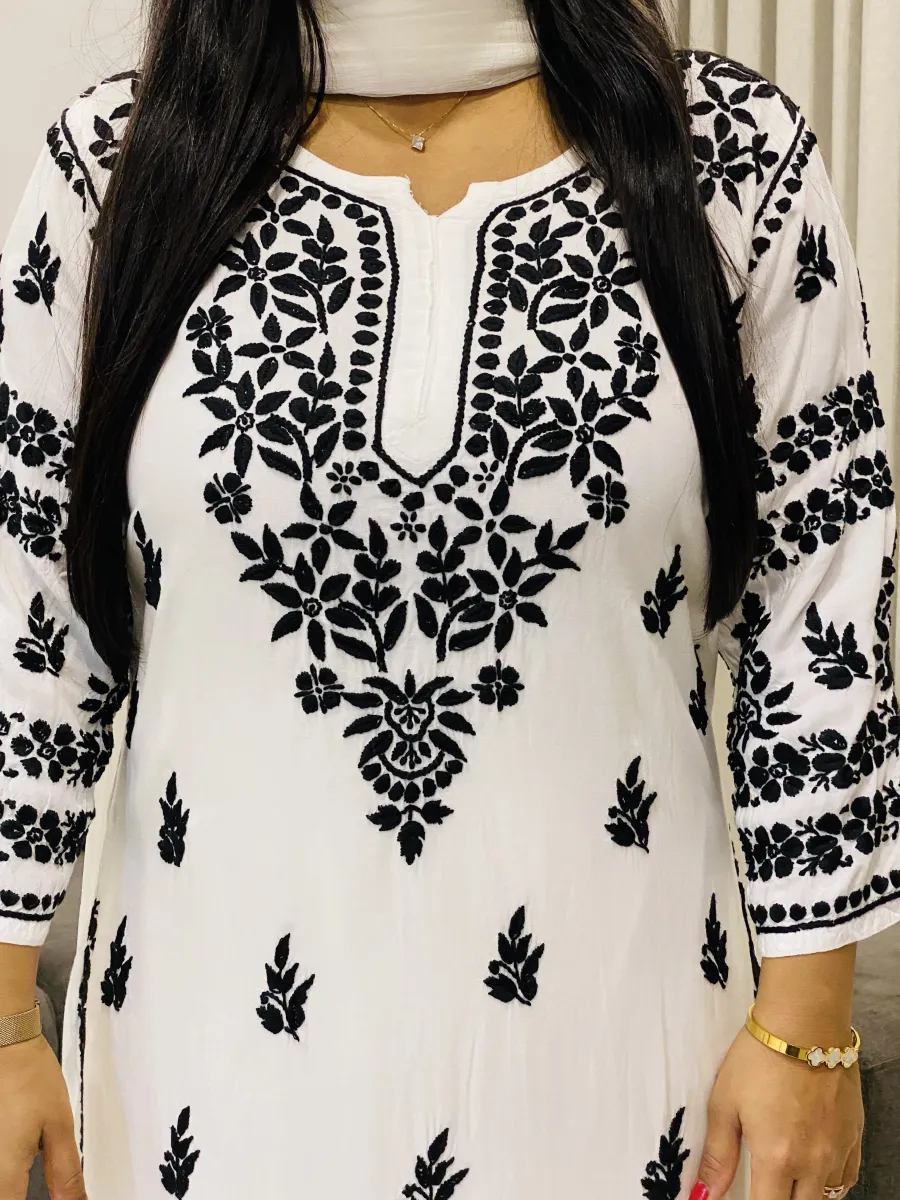 Rayon Chikankari Hand Embroidered Women's Solid Long Kurta