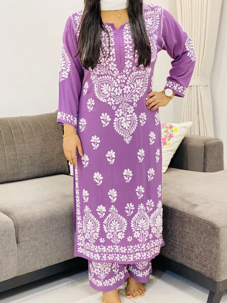 Premium Modal Chikankari Hand Embroidered Women's Solid Long Kurta Palazzo Set