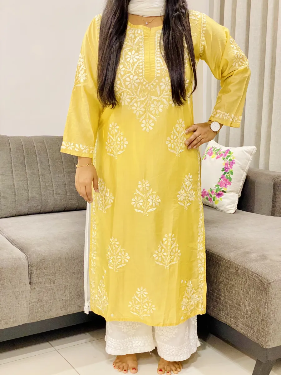 Premium Chanderi Chikankari Hand Embroidered Women's Solid Long Kurta