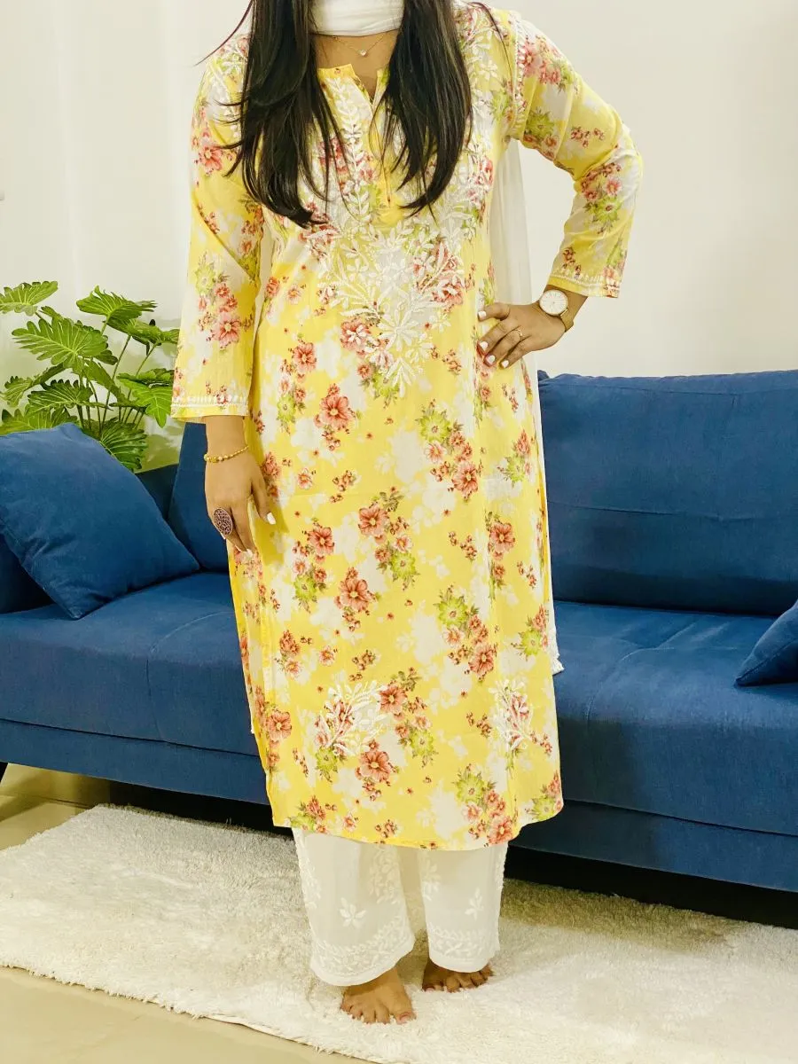 Mulmul Chikankari Hand Embroidered Women's Floral Long Kurta