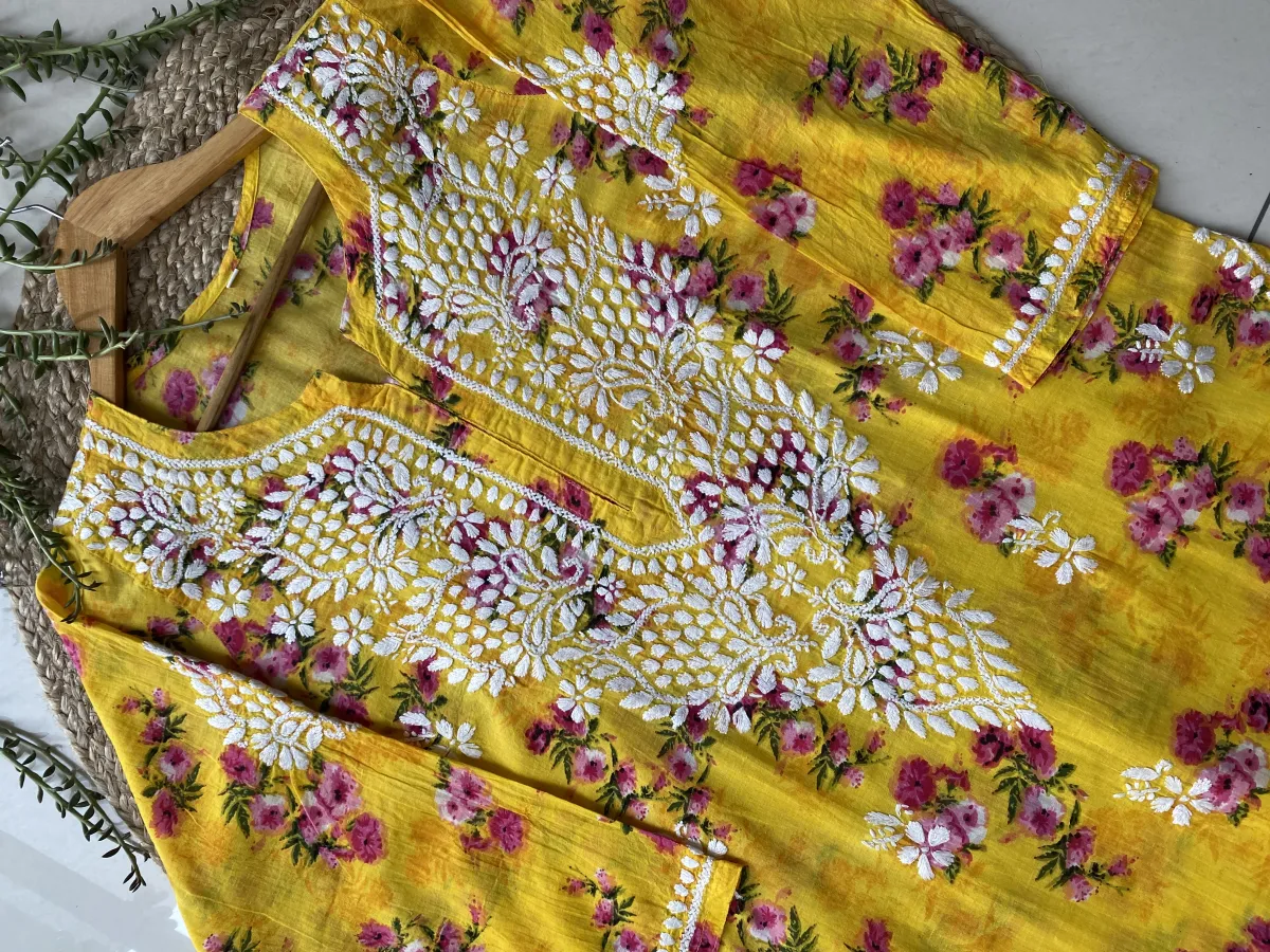 Mulmul Chikankari Hand Embroidered Floral Women's Long Kurta