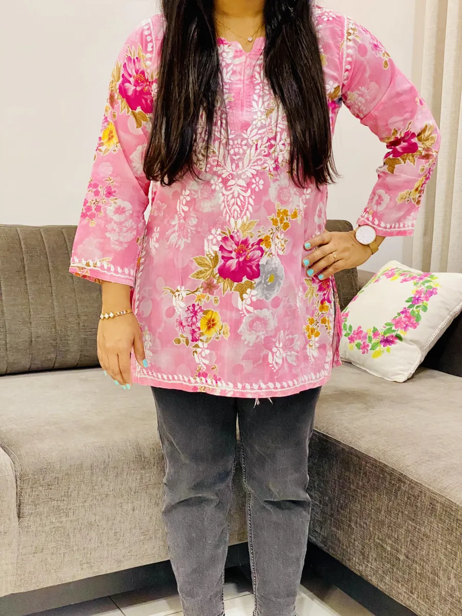 Mulmul Chikankari Hand Embroidered Women's Floral Short kurta