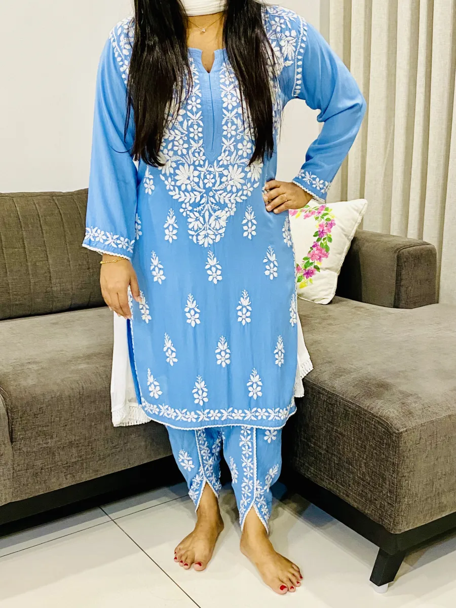 Premium Rayon Chikankari Hand Embroidered Solid Women's Kurta-Dhoti Set