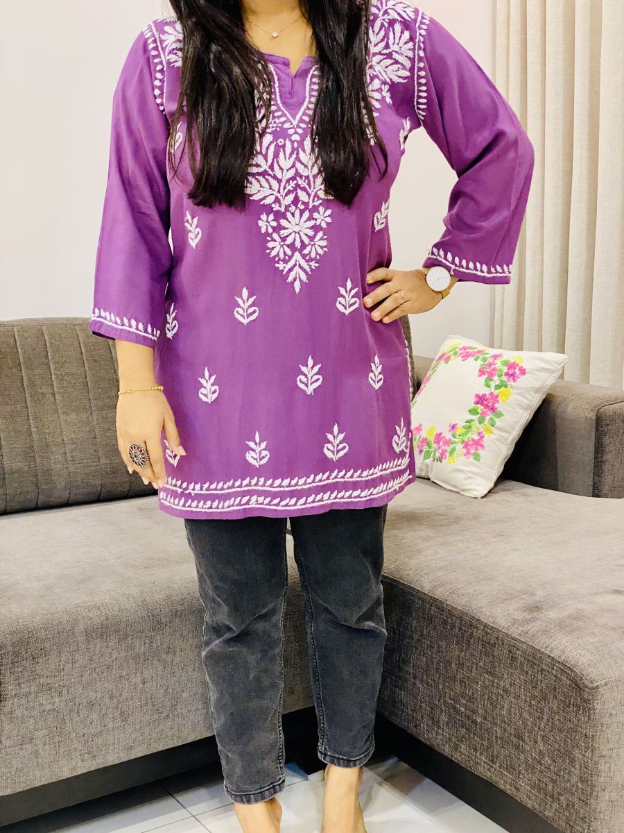 Rayon Chikankari Handwork Women's Solid Short Kurta