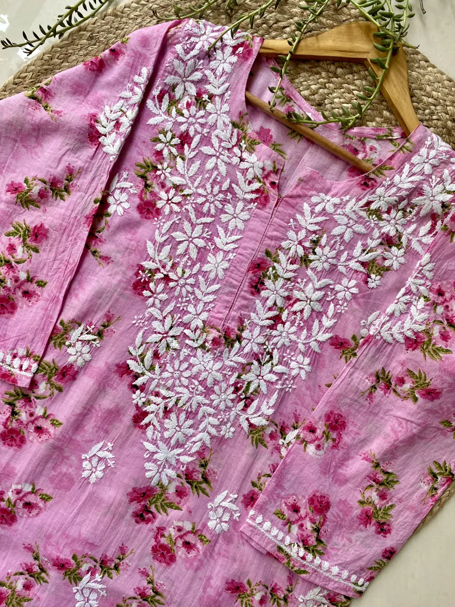 Mulmul Chikankari Hand Embroidered Floral Women's Long Kurta