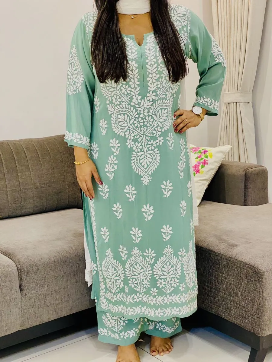 Premium Modal Chikankari Hand Embroidered Women's Solid Long Kurta Palazzo Set