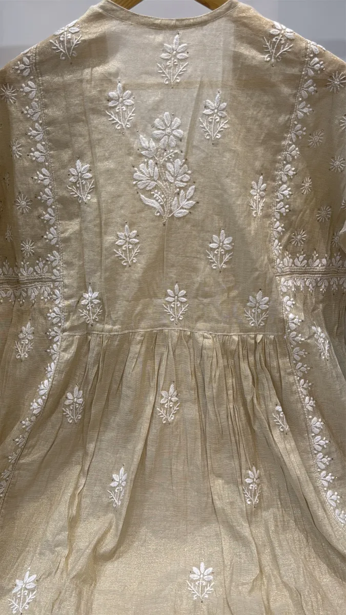 Mul-Chanderi Chikankari Hand Embroidered Women's Anarkali Kurta Set