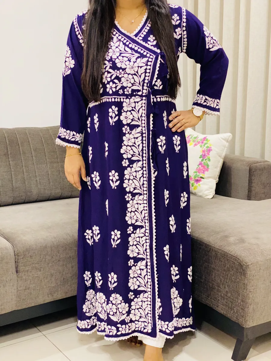 Rayon Chikankari Handwork Solid Women's Angrakha Kurta