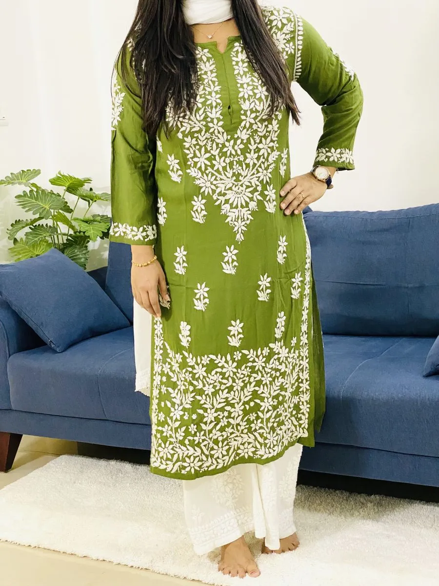 Premium Modal Cotton Chiknakari Hand Embroidered Women's Solid Long Kurta