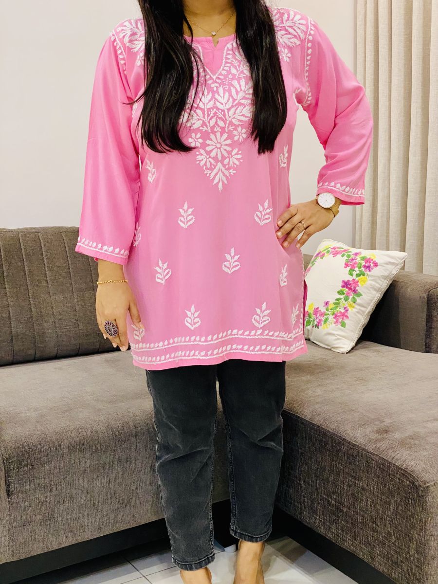 Rayon Chikankari Handwork Women's Solid Short Kurta