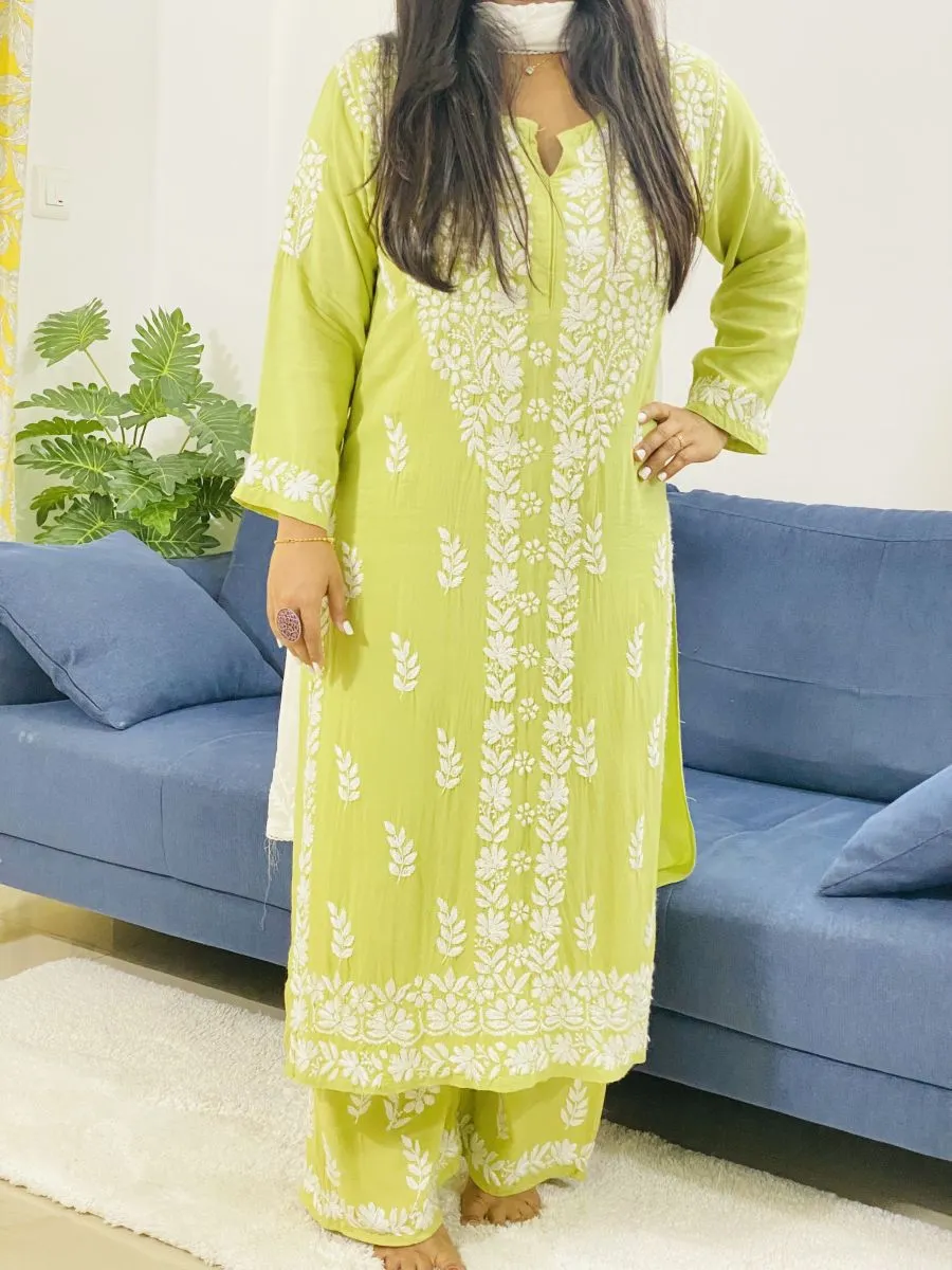 Rayon Chikankari Hand Embroidered Women's Solid Kurta Palazzo Set
