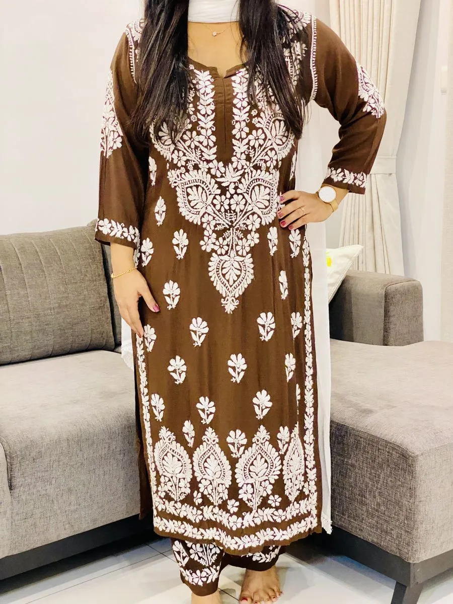 Premium Modal Chikankari Hand Embroidered Women's Solid Long Kurta Palazzo Set