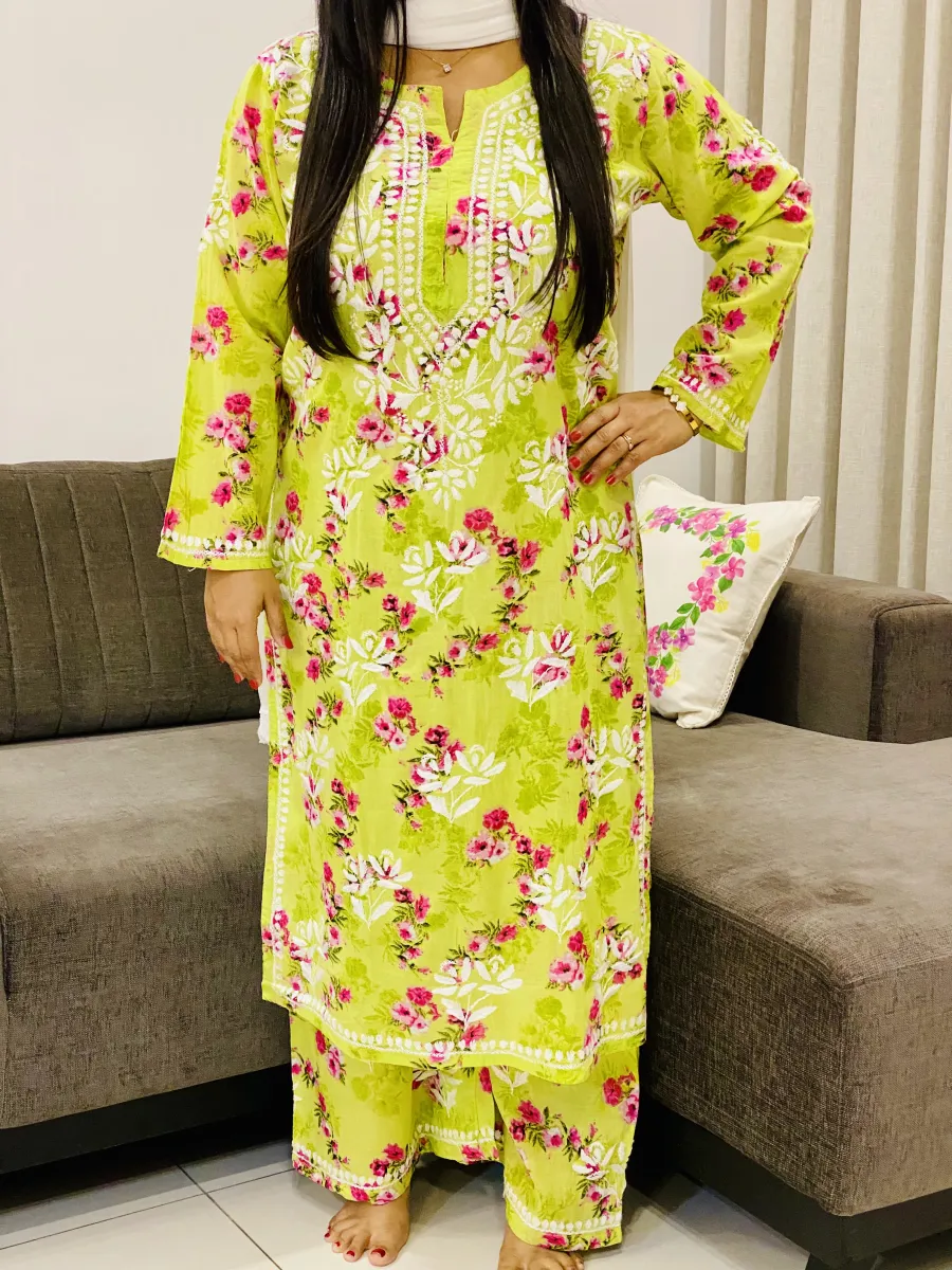 Mulmul Chikankari Hand Embroidered Floral Women's Long Kurta Palazzo Set