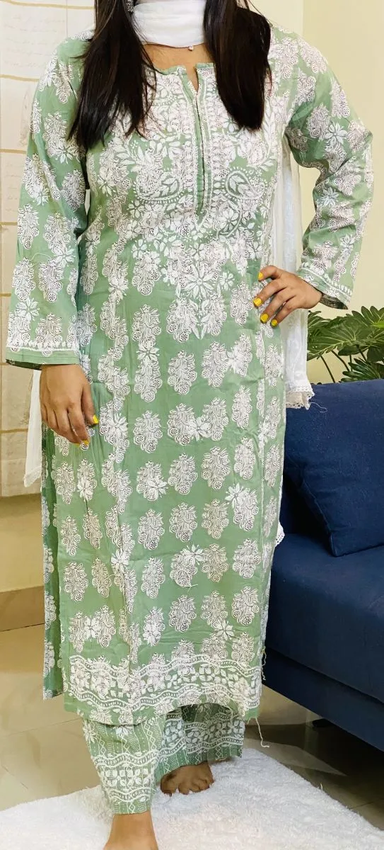 Pista Green Cotton Chikankari Women's Kurta Plazzo Set