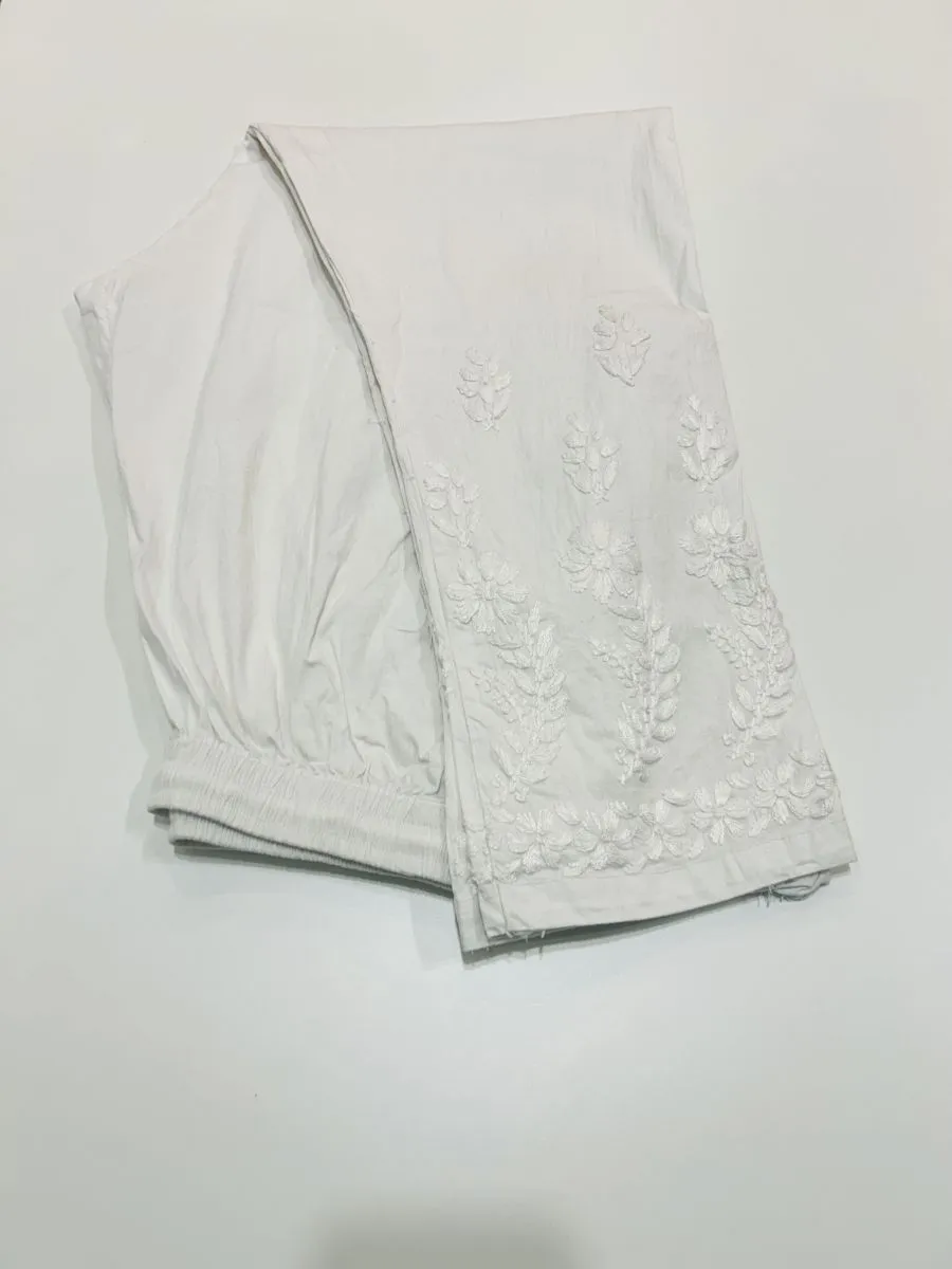 Lycra Cotton Chikankari Hand Embroidered Women's White Pant