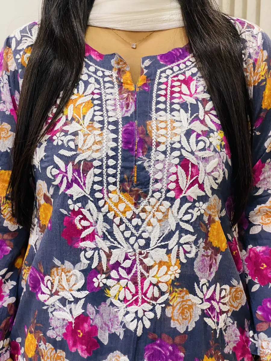 Mulmul Chikankari Hand Embroidered Floral Women's Long Kurta Palazzo Set
