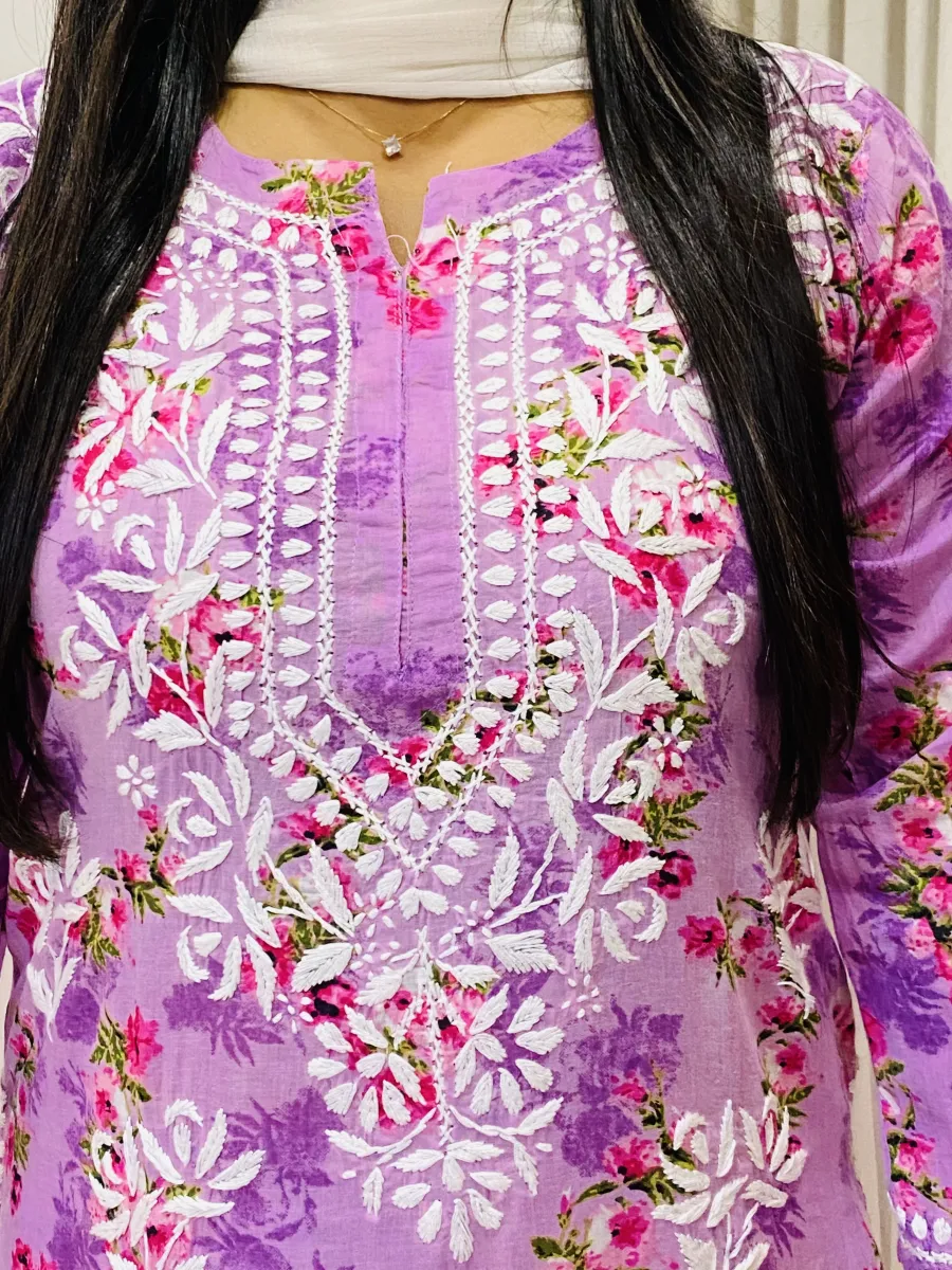Mulmul Chikankari Hand Embroidered Floral Women's Long Kurta Palazzo Set