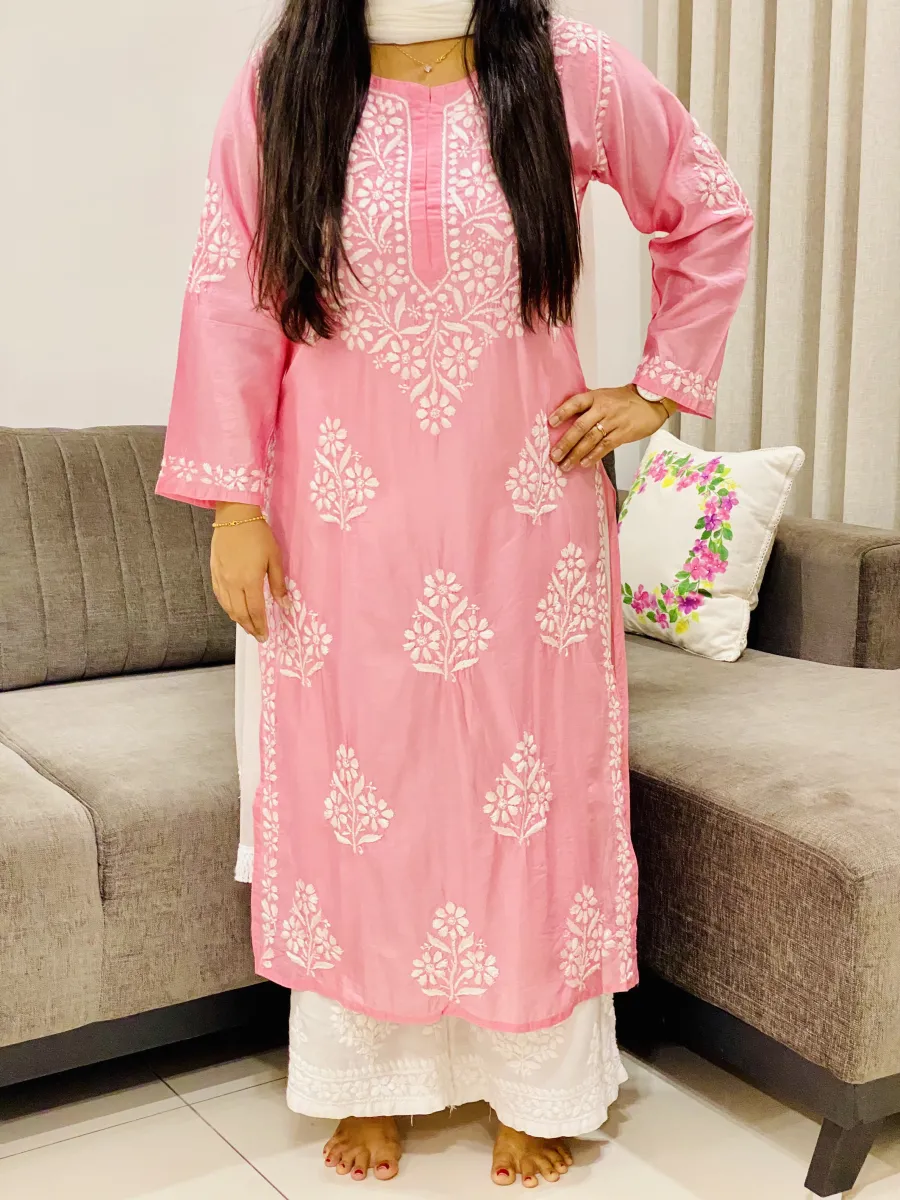 Premium Chanderi Chikankari Hand Embroidered Women's Solid Long Kurta