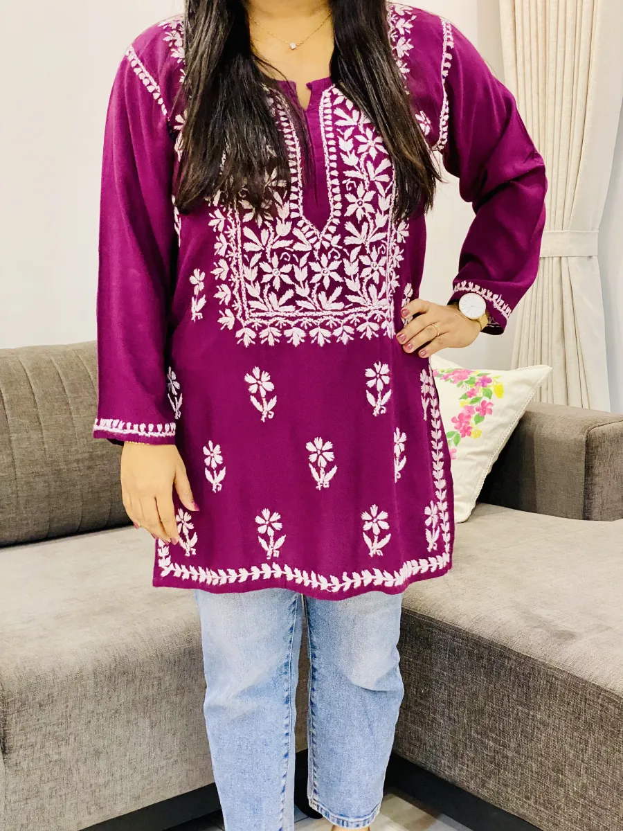 Rayon Chikankari Handwork Solid Women's Short Kurta