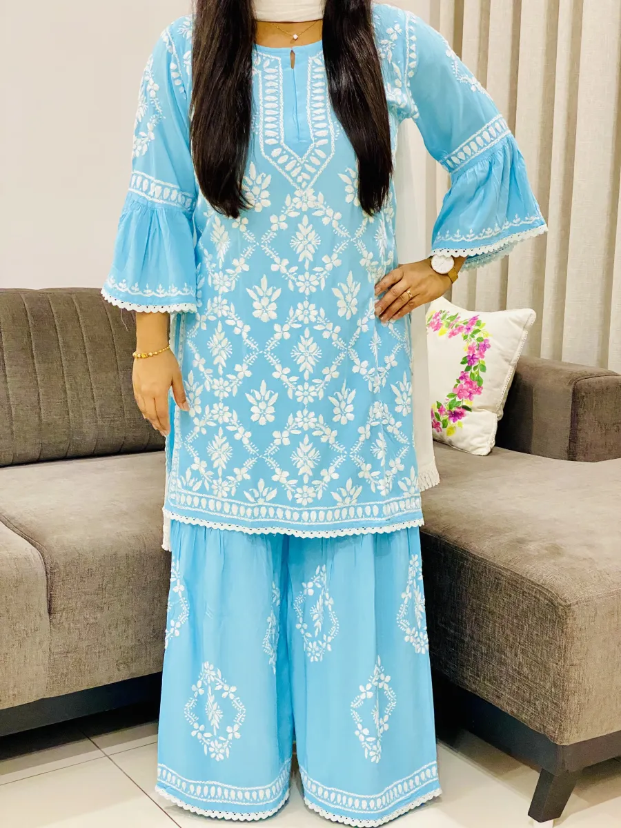 Rayon Chikankari Hand Embroidered Designer Women's Gharara Set