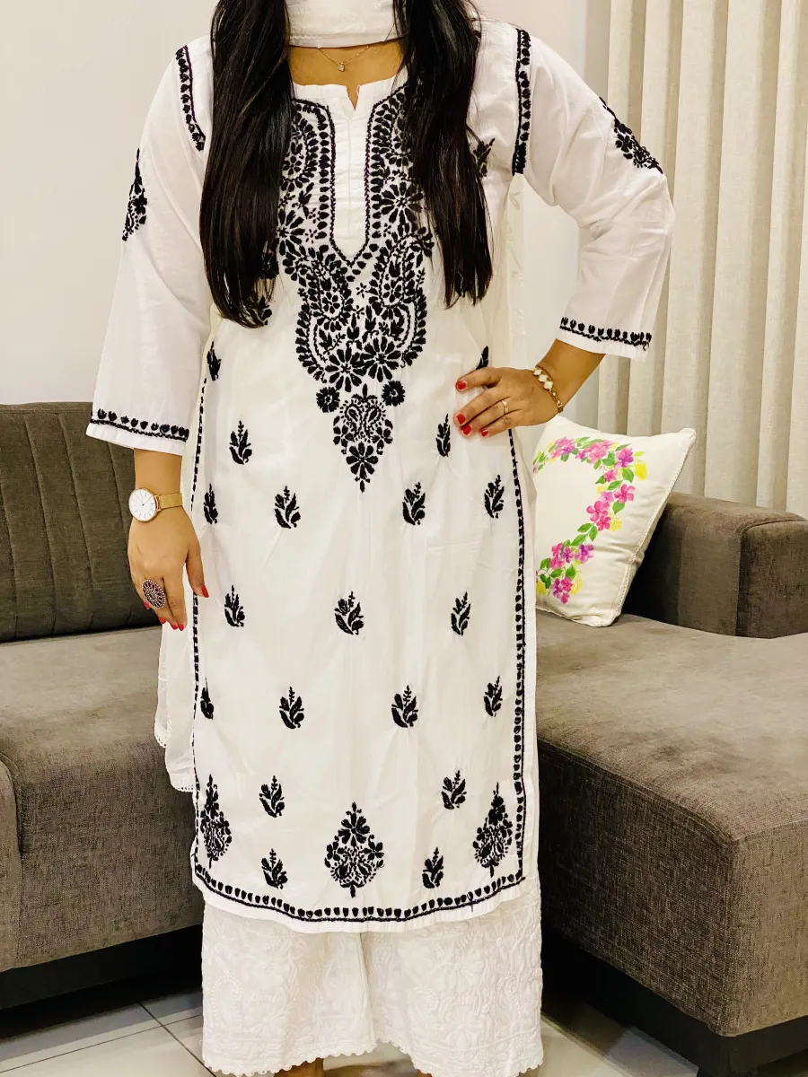 Mulmul Cotton Chikankari Hand Embroidered Women's Solid Long Kurta