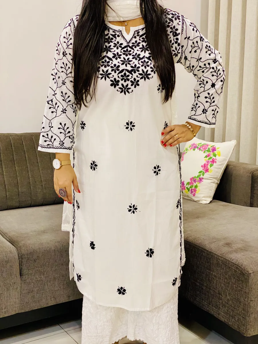 Mulmul Cotton Chikankari Hand Embroidered Solid Women's Long Kurta