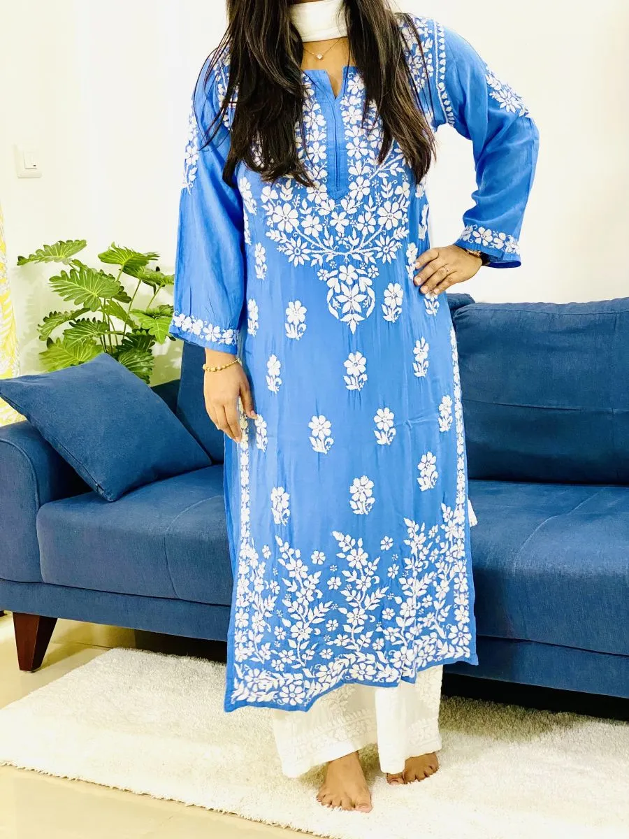 Premium Modal Cotton Chiknakari Hand Embroidered Women's Solid Long Kurta