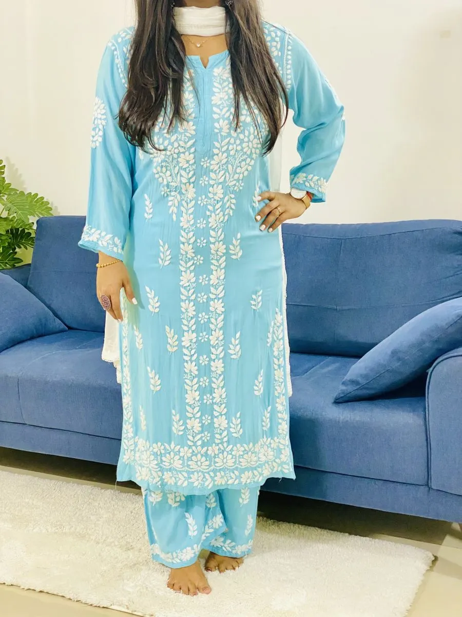 Rayon Chikankari Hand Embroidered Women's Solid Kurta Palazzo Set