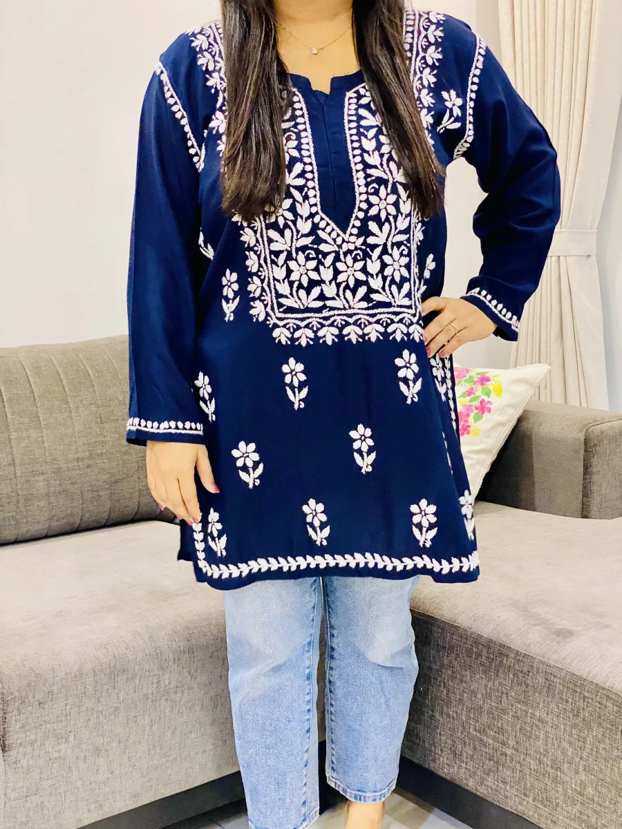 Rayon Chikankari Handwork Solid Women's Short Kurta
