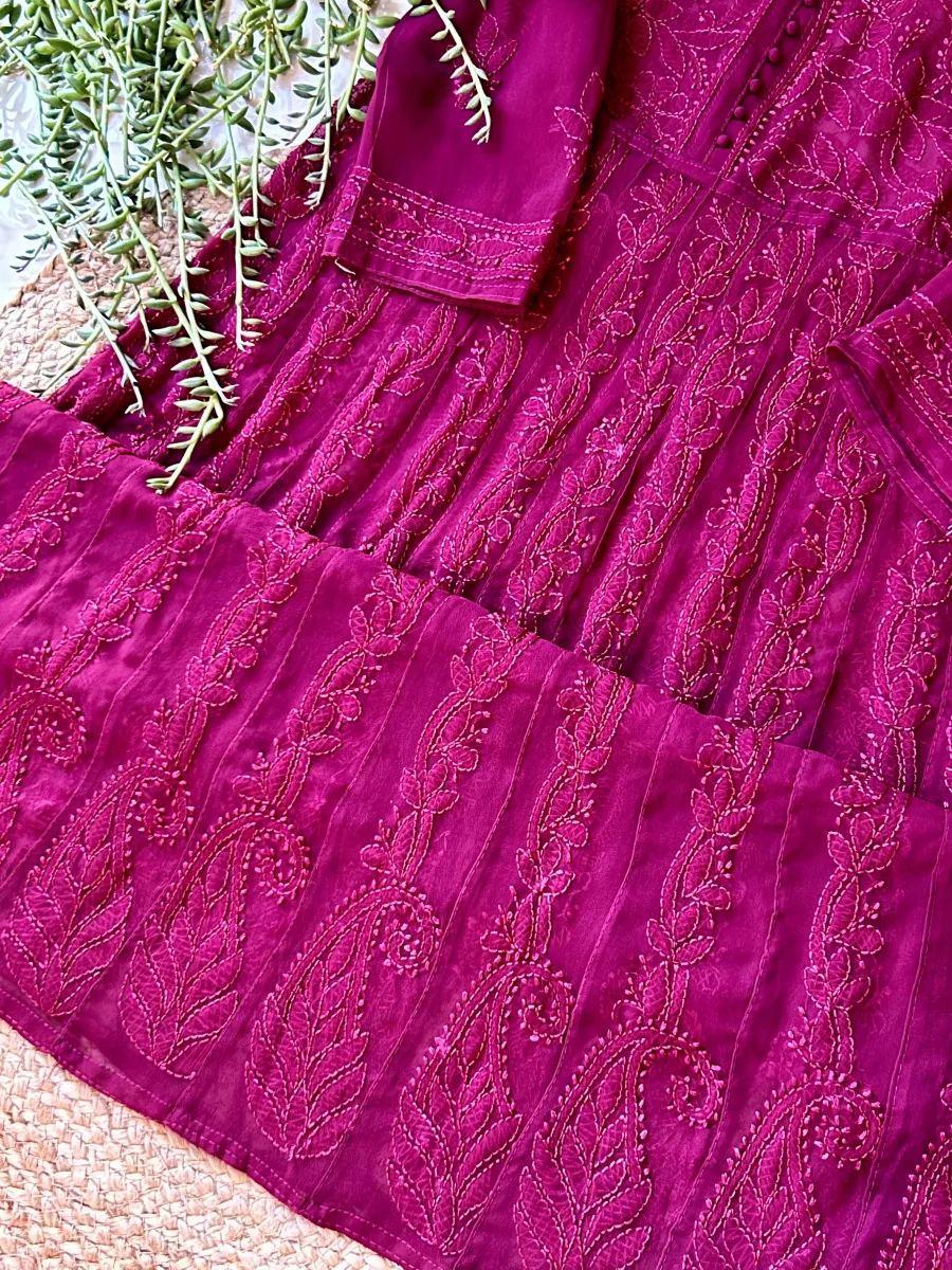 Resham Chikankari Hand Embroidered Women's Yog Anarkali Kurta