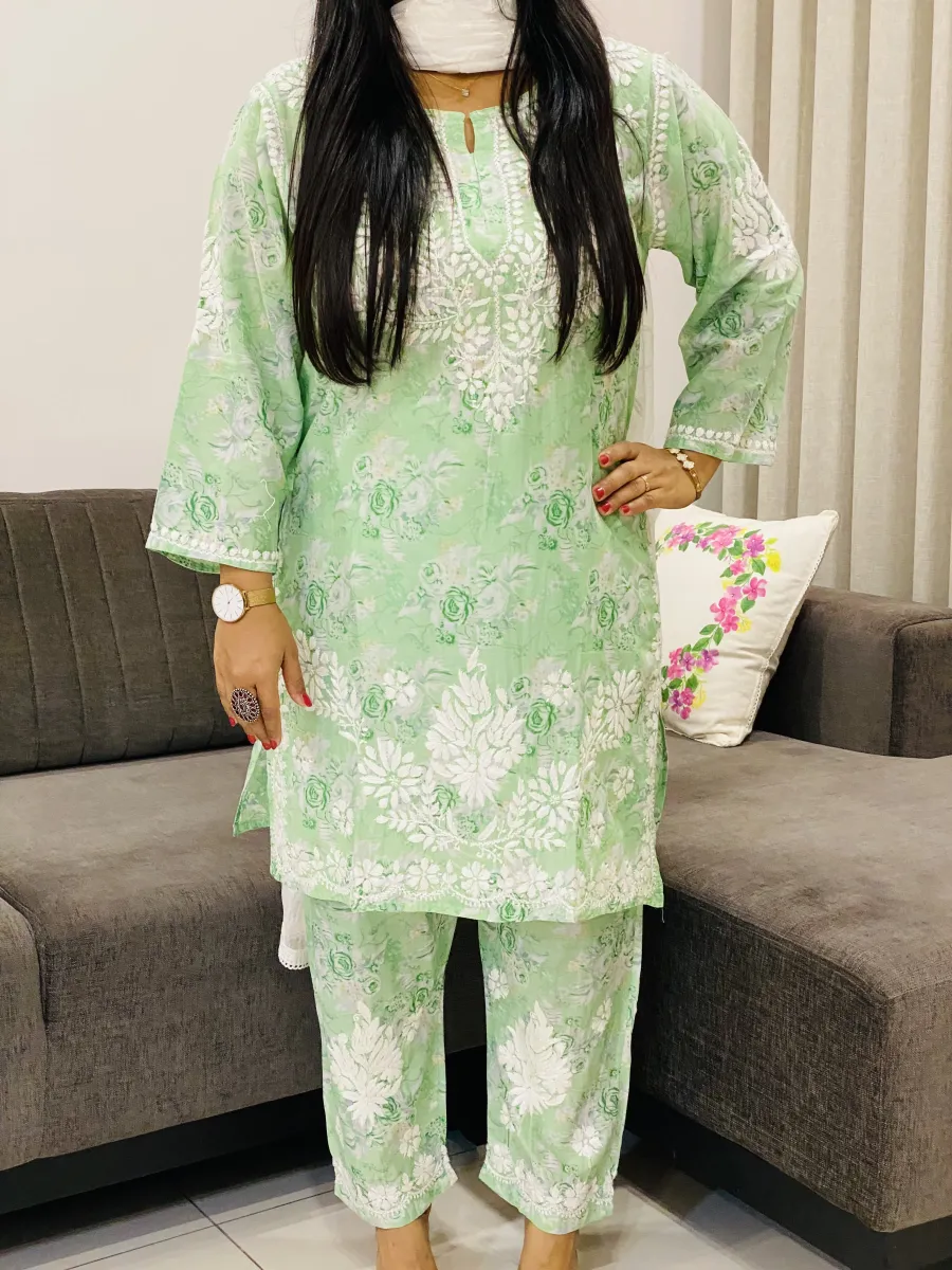 Mulmul Chikankari Hand Embroidered Floral Women's co-ord set