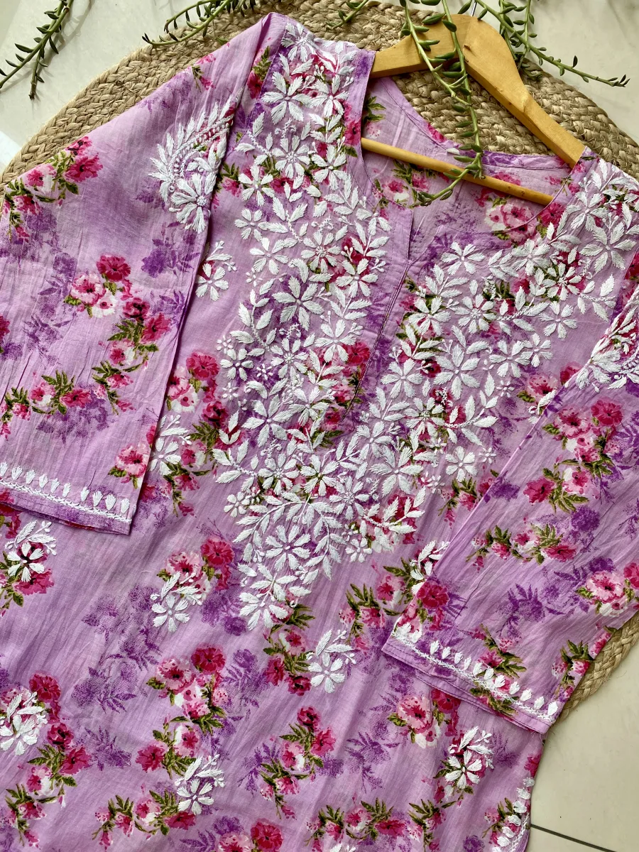 Mulmul Chikankari Hand Embroidered Floral Women's Long Kurta