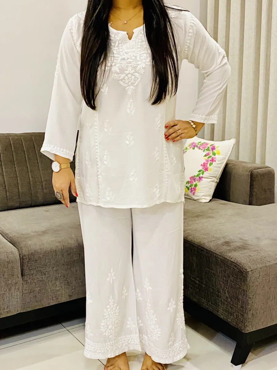 Rayon Chikankari Hand Embroidered Solid Women's Short Top