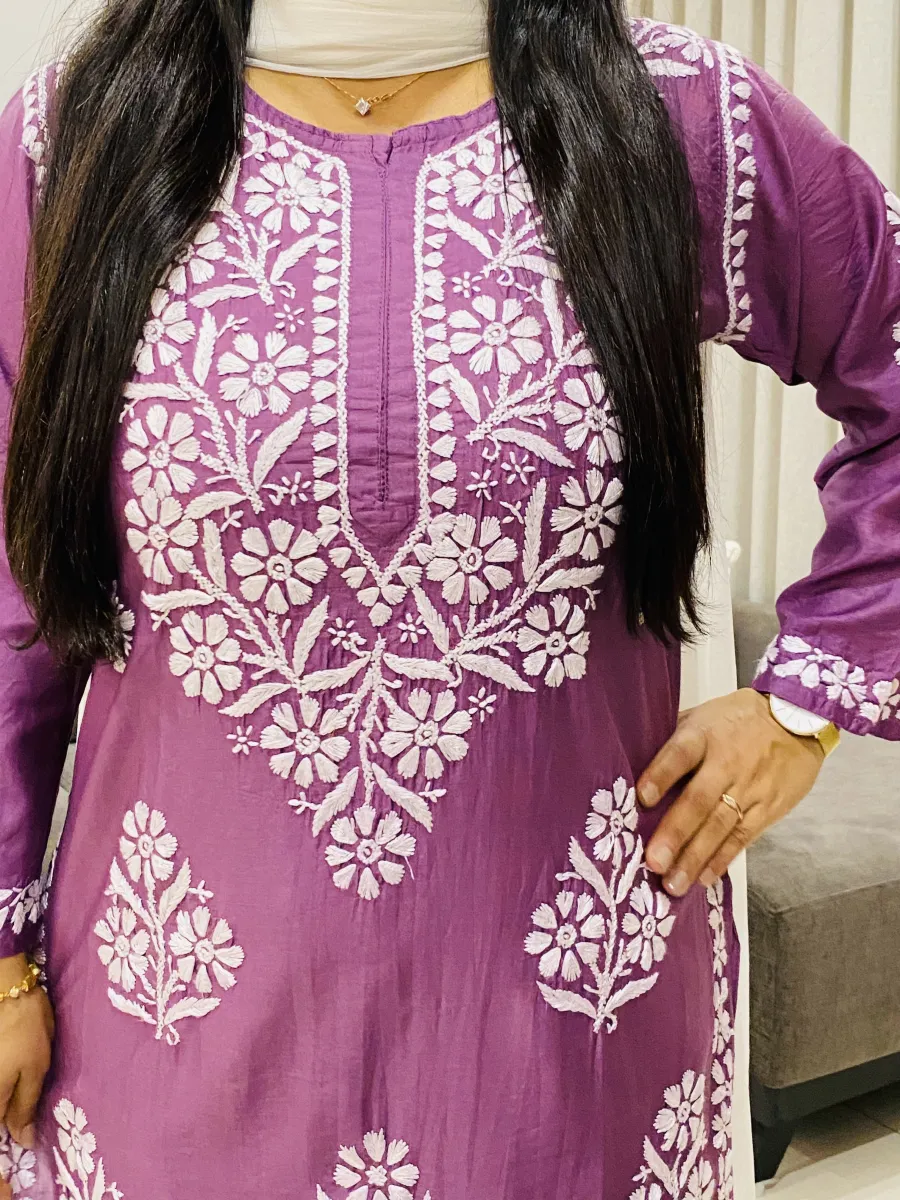 Premium Chanderi Chikankari Hand Embroidered Women's Solid Long Kurta