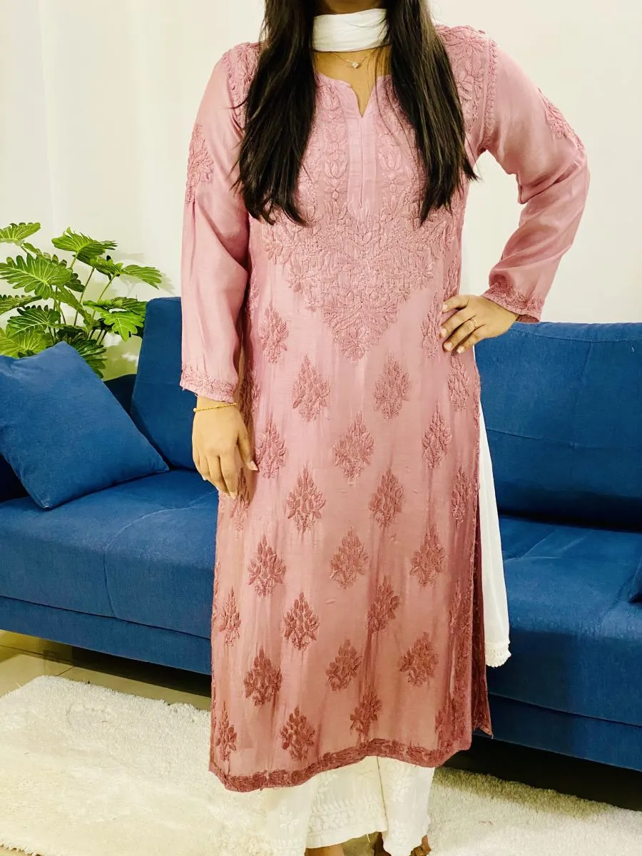 Muslin Silk Chikankari Handwork Ombre Women's Long Kurti