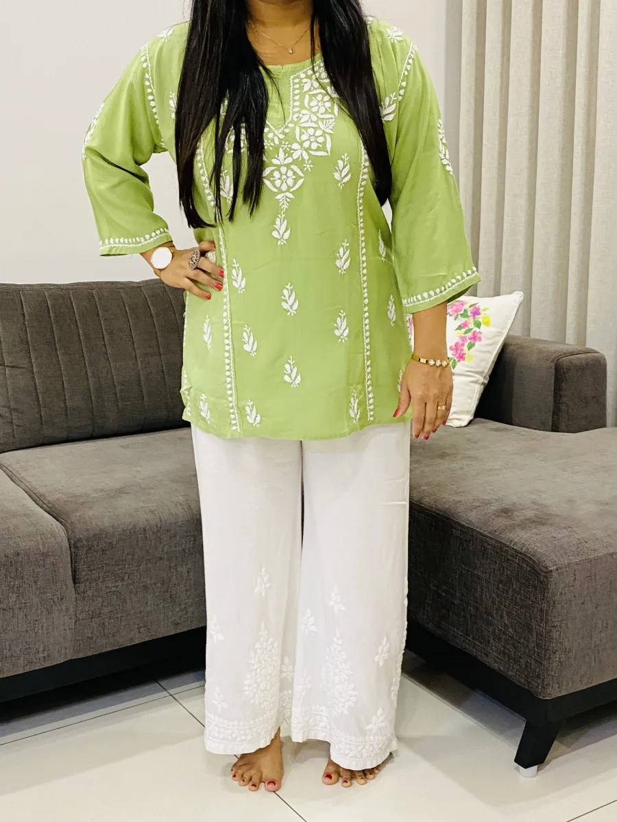 Rayon Chikankari Hand Embroidered Solid Women's Short Top