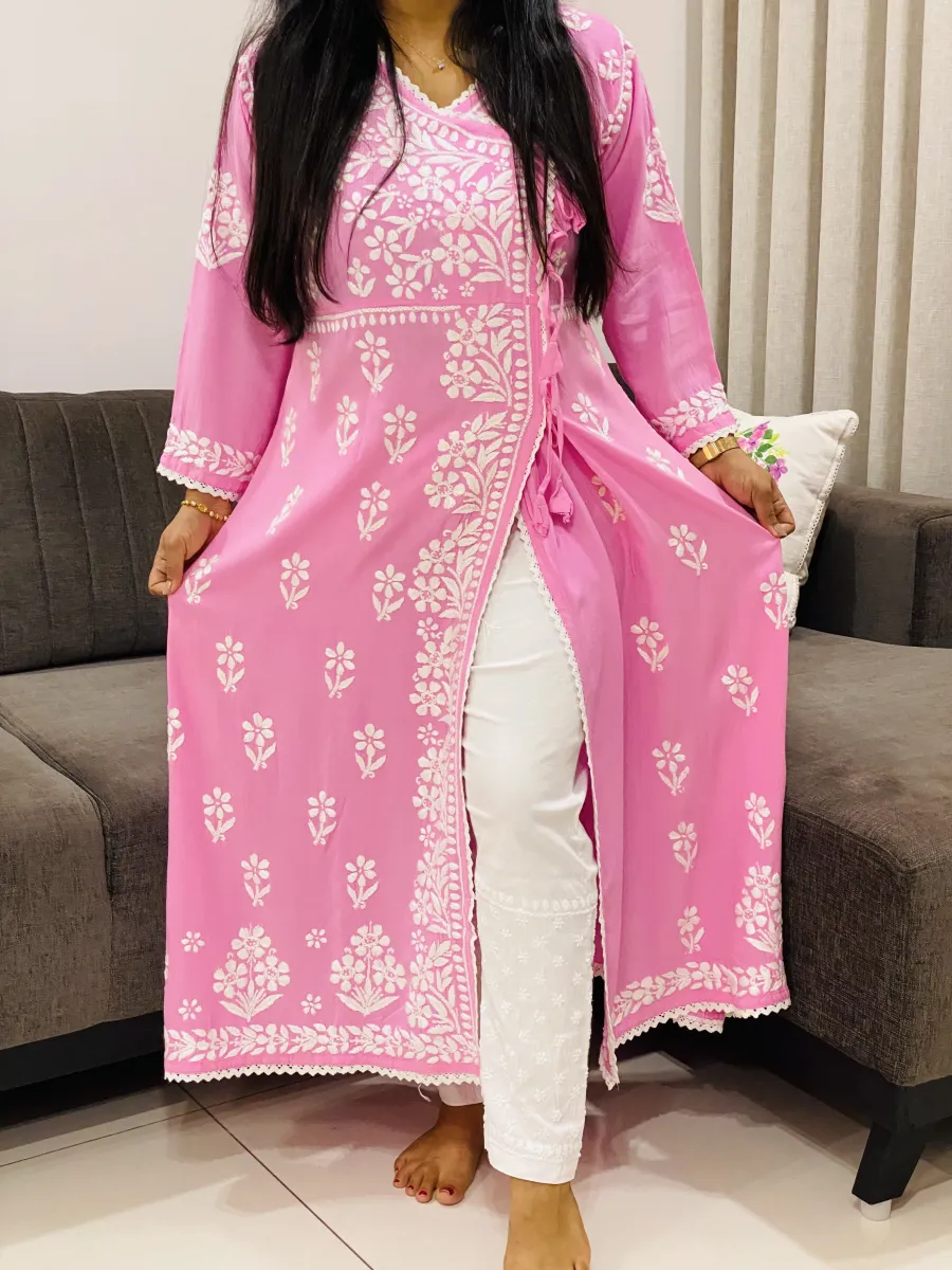 Rayon Chikankari Handwork Solid Women's Angrakha Kurta