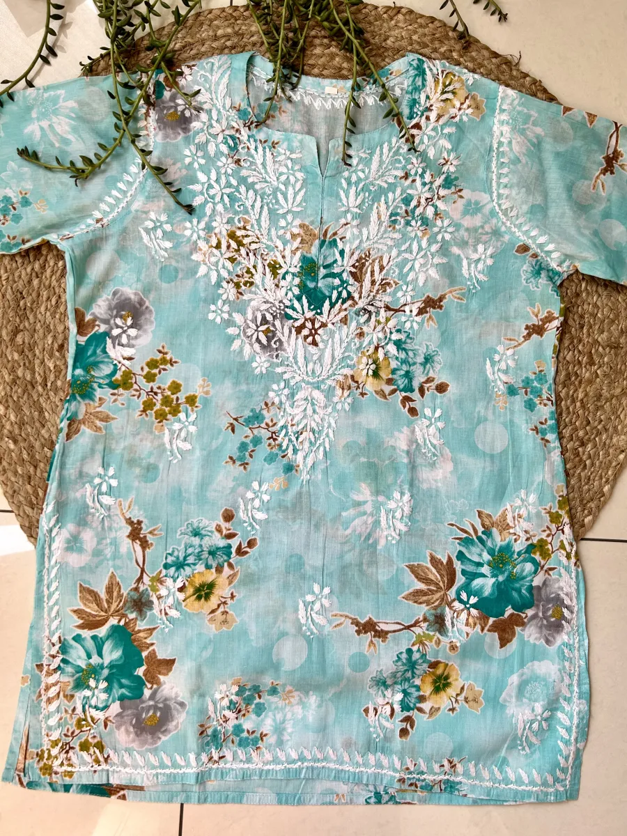Mulmul Chikankari Hand Embroidered Women's Floral Short kurta