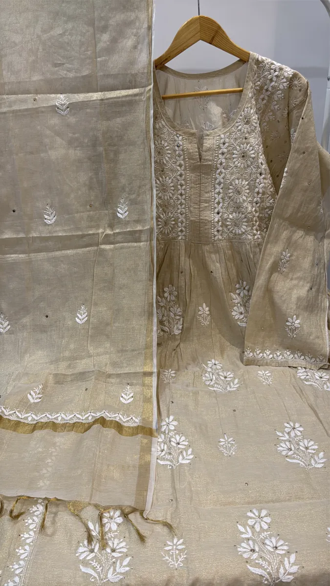 Mul-Chanderi Chikankari Hand Embroidered Women's Anarkali Kurta Set