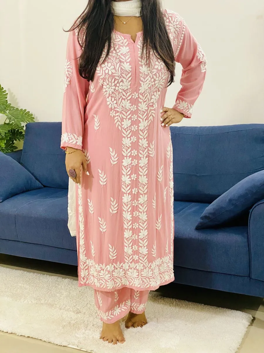 Rayon Chikankari Hand Embroidered Women's Solid Kurta Palazzo Set